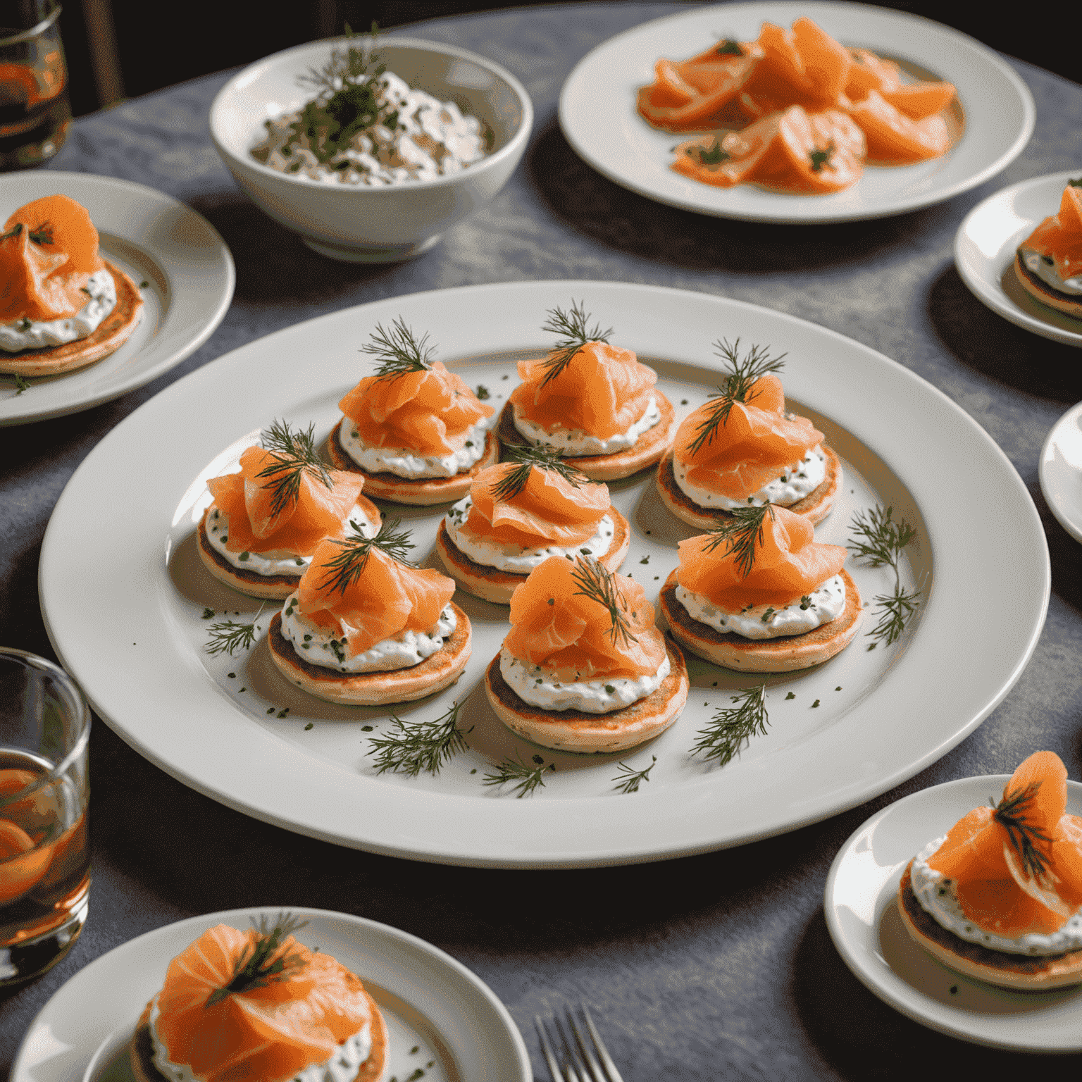 Une assiette de blinis savoureux garnis de saumon fumé, de crème fraîche et d'aneth, présentée dans un cadre élégant de restaurant