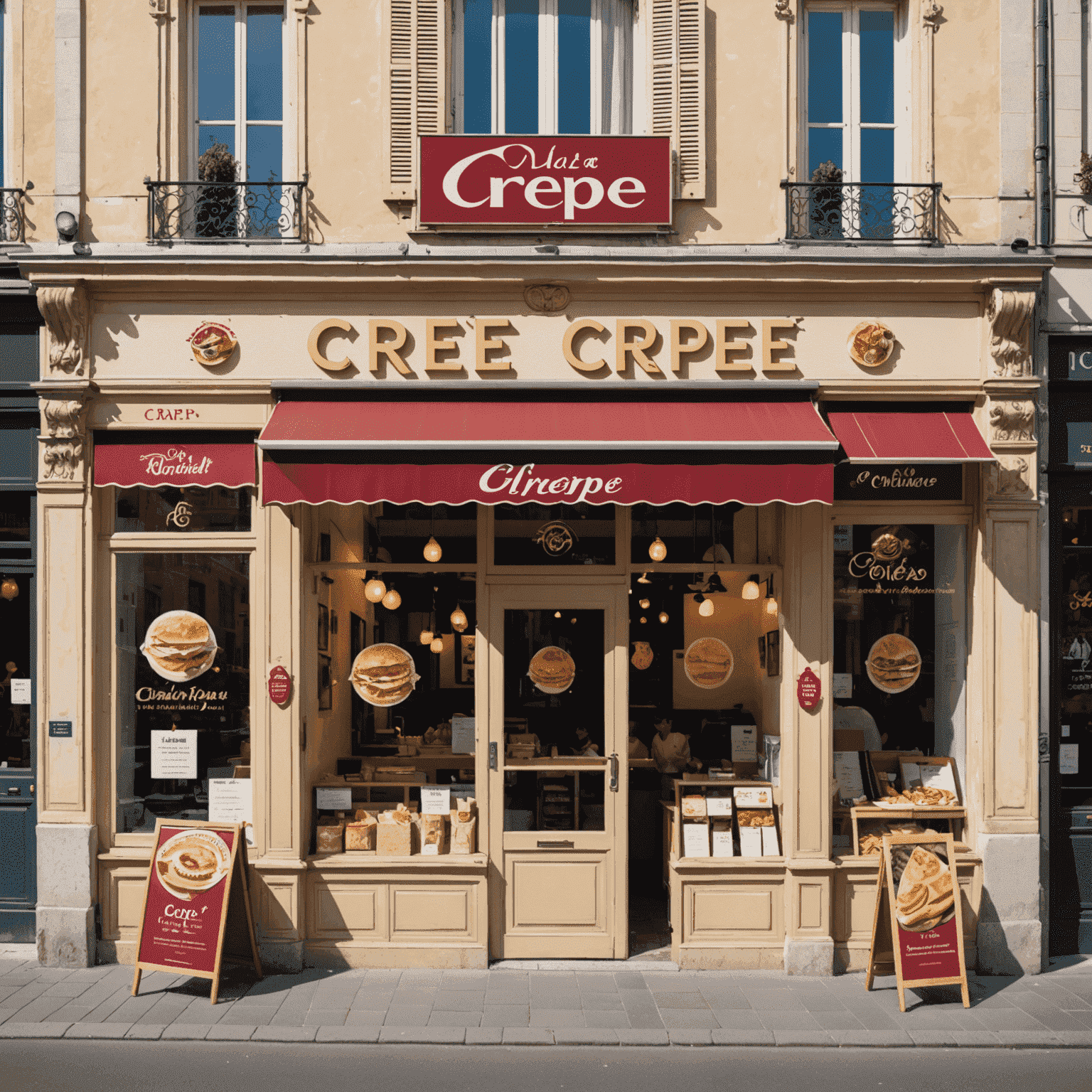 Image montrant différentes enseignes de franchises de crêpes populaires en France, avec leurs logos et devantures de restaurants