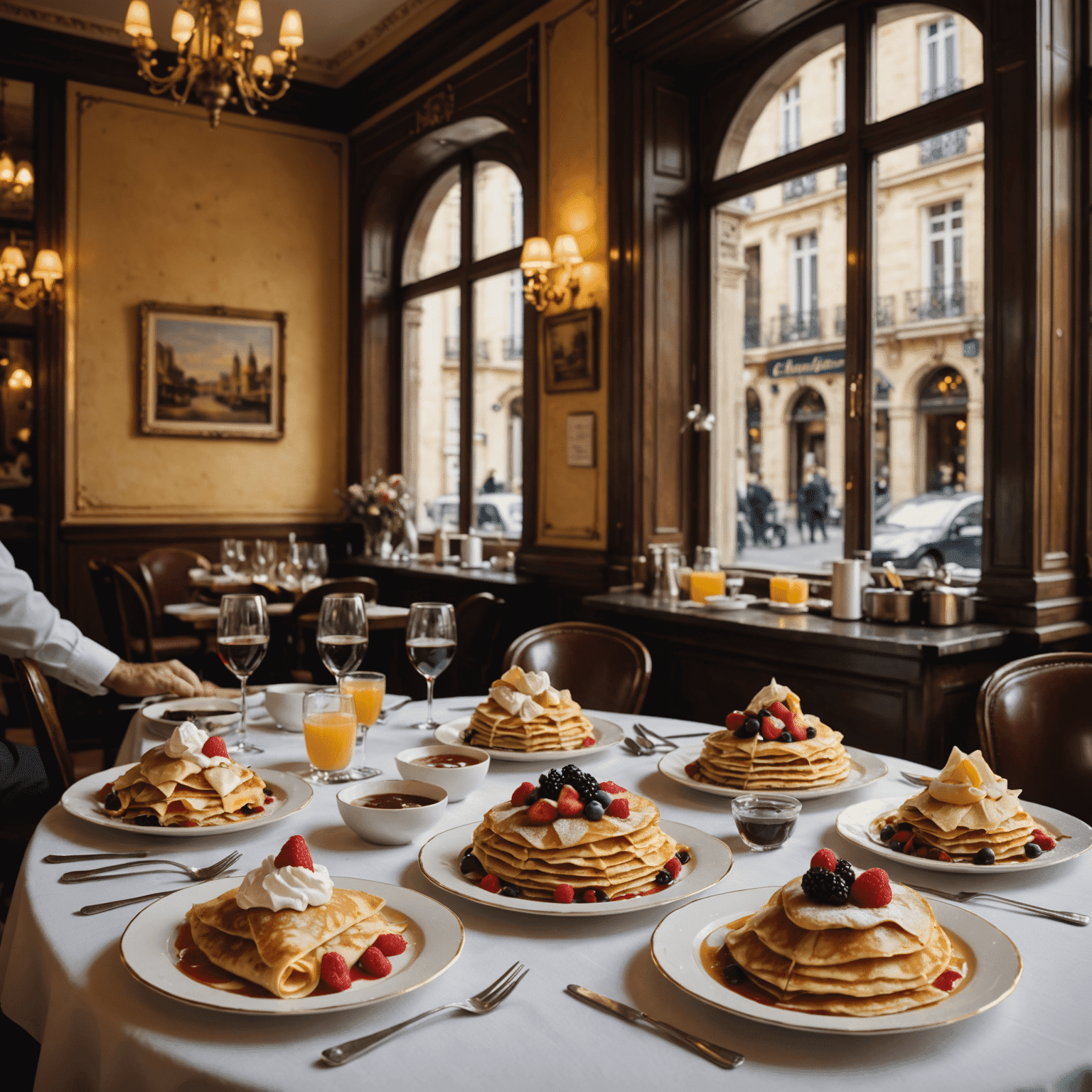 Une variété de crêpes délicieuses présentées dans un restaurant français élégant, avec des clients satisfaits en arrière-plan