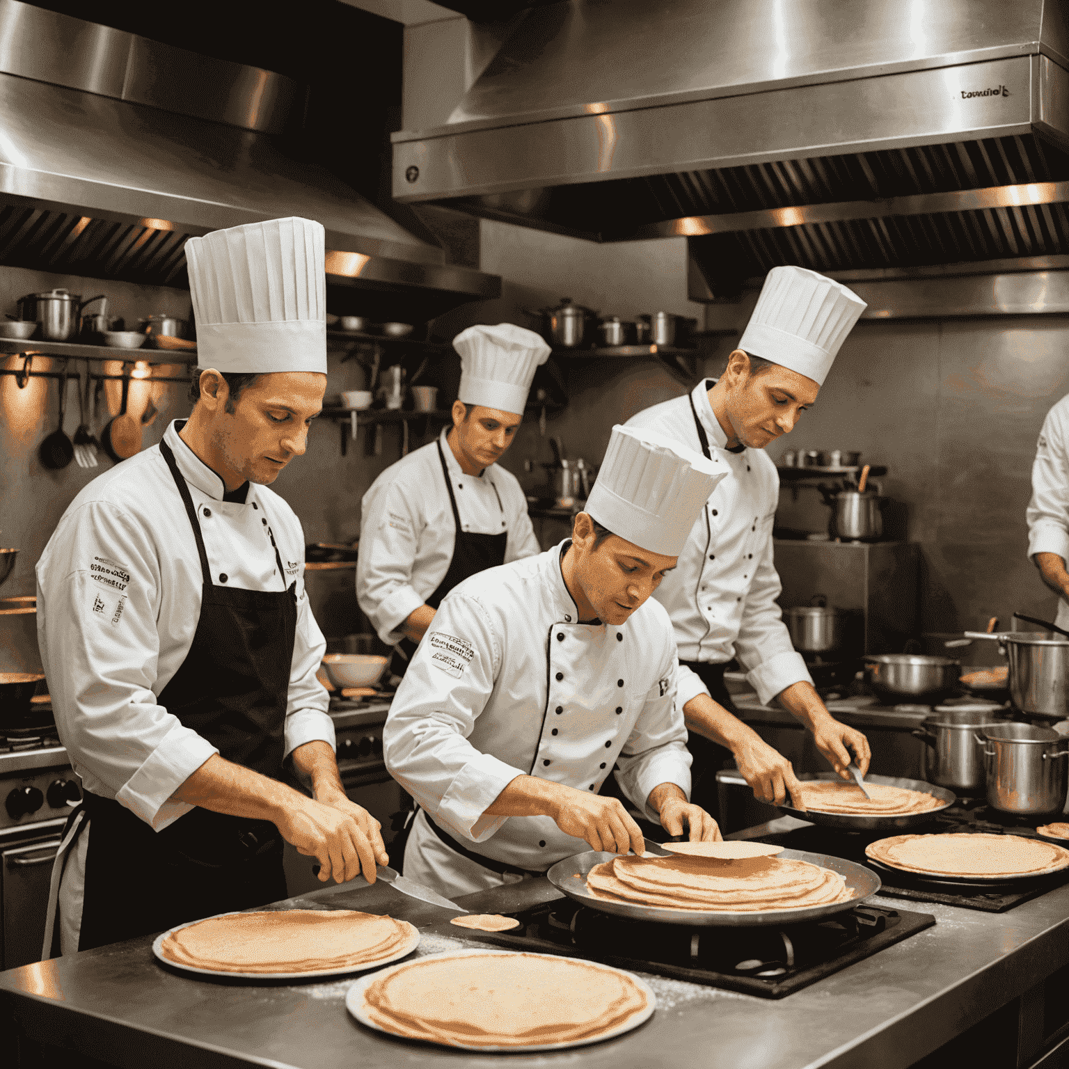 Une cuisine professionnelle de crêperie avec des chefs préparant des crêpes