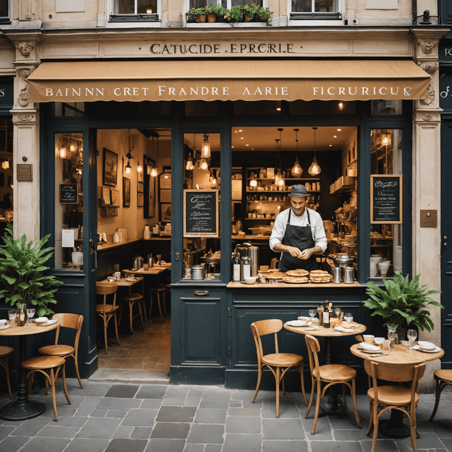 Une crêperie française animée avec des clients dégustant des crêpes et des blinis, mettant en valeur l'ambiance chaleureuse et l'attrait culinaire