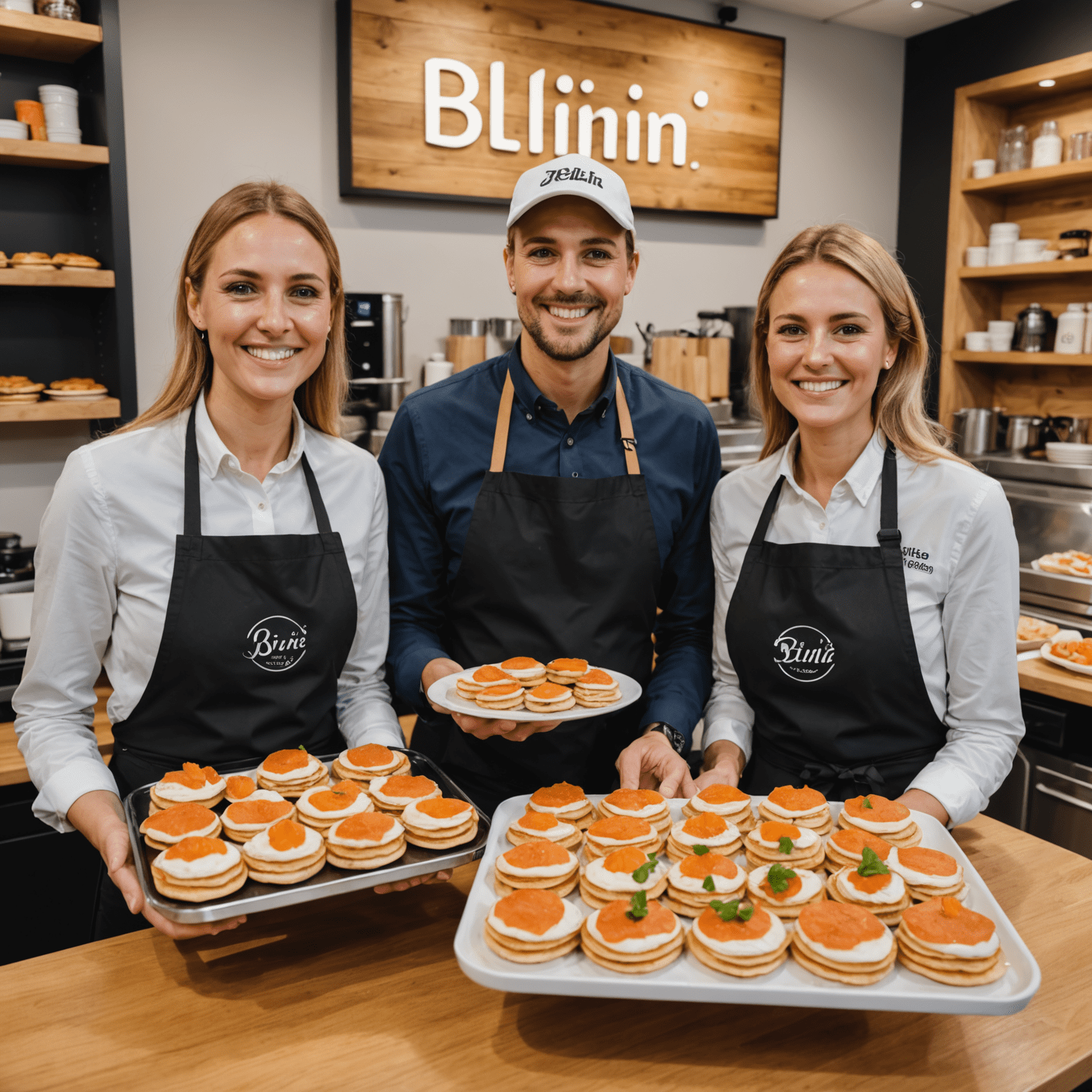 Un groupe de franchisés heureux et souriants devant leur nouvelle franchise de blinis, tenant des plateaux de blinis variés