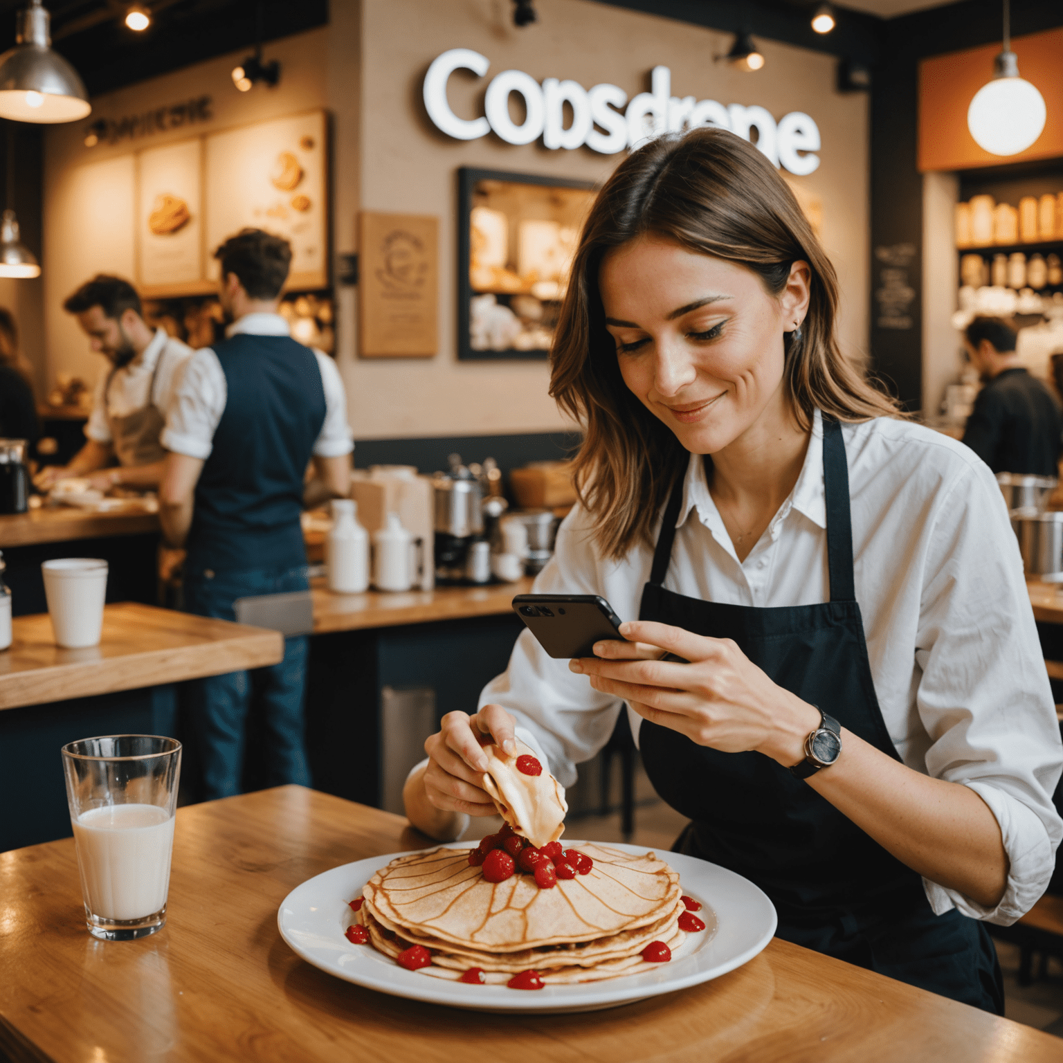 Un influenceur culinaire français prenant une photo d'une crêpe artistiquement présentée dans une franchise BlinFranchise