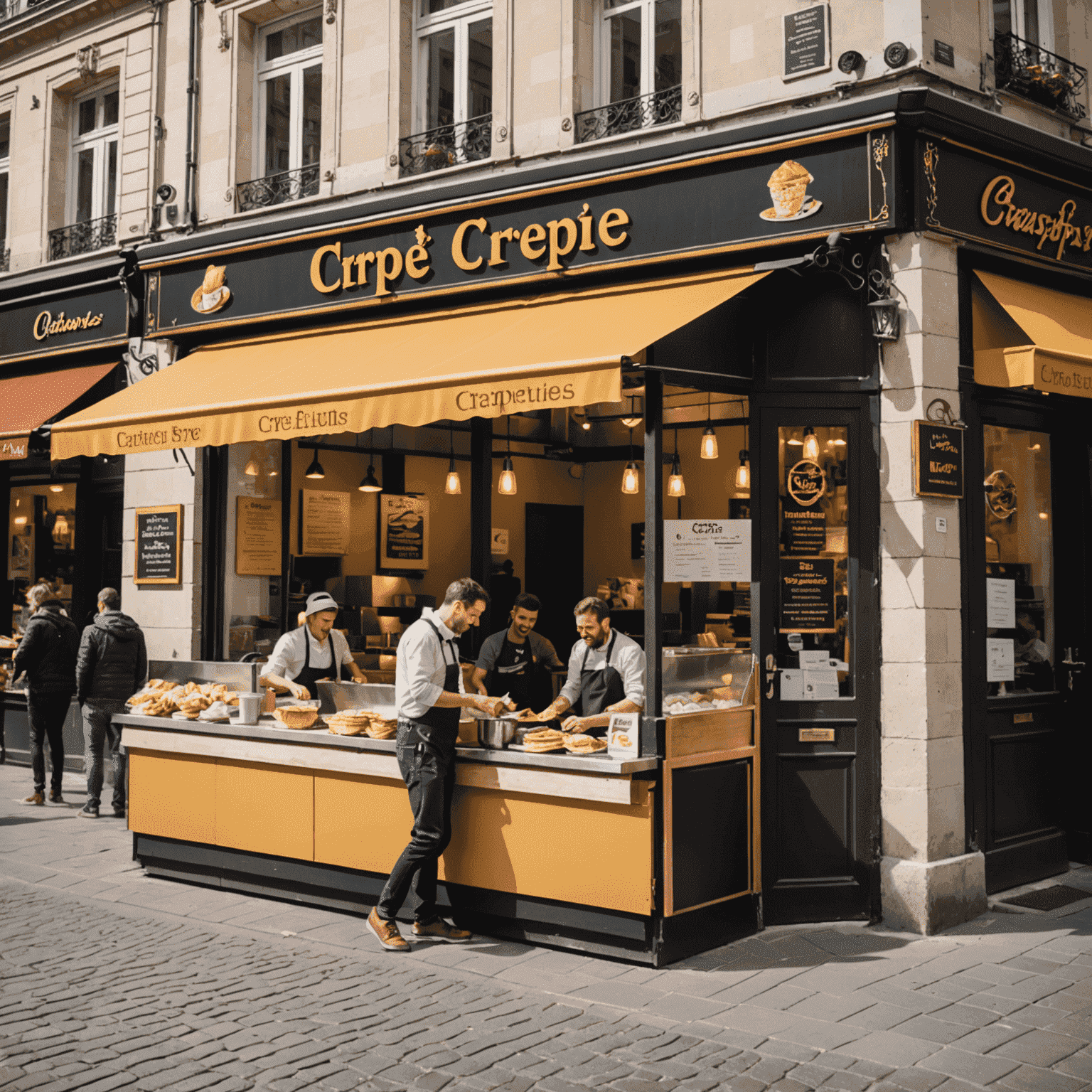 Image représentant les 5 meilleures opportunités de franchise de crêpes en France, montrant des crêperies animées et des entrepreneurs satisfaits