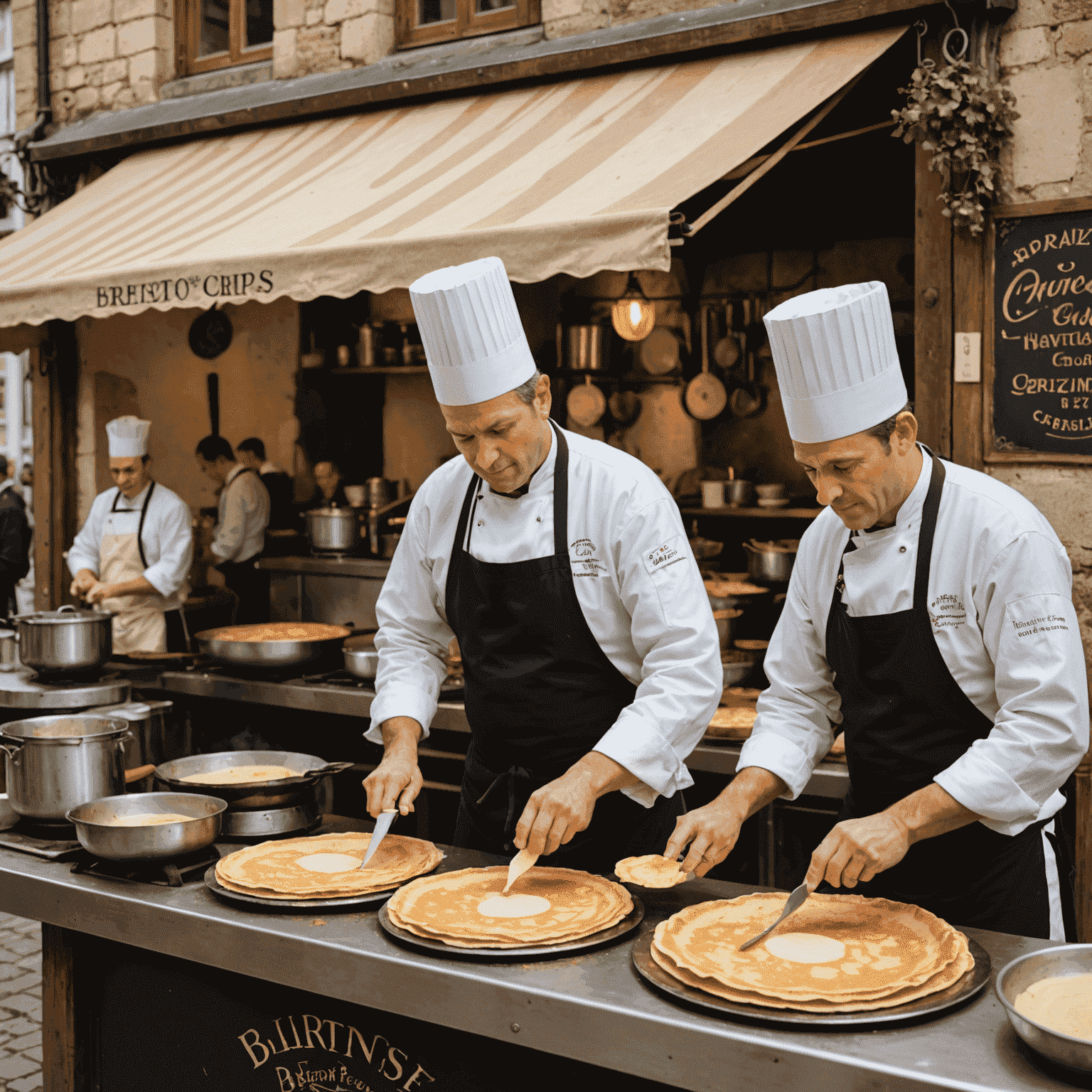 Une crêperie traditionnelle bretonne avec des éléments de décoration authentiques, montrant des chefs préparant des crêpes sur des billigs