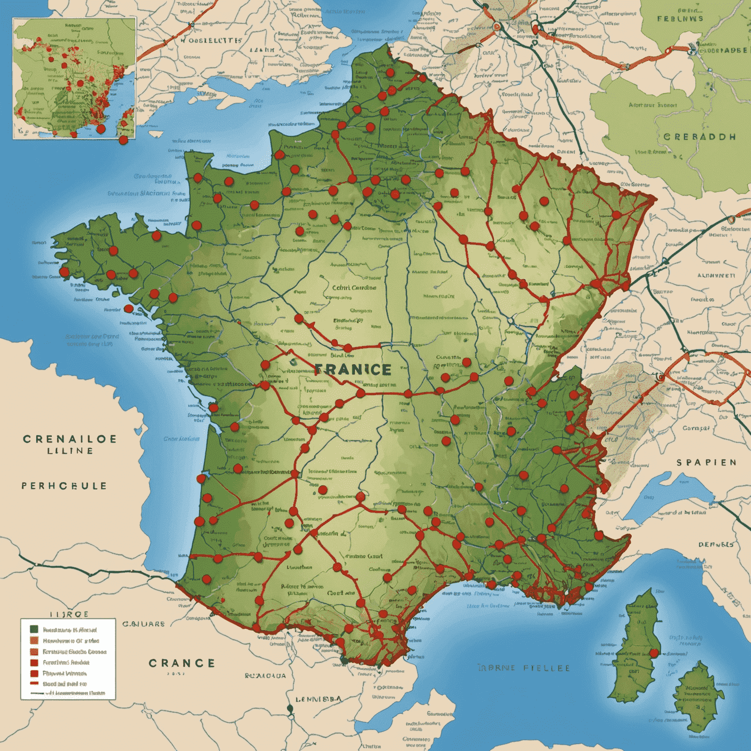 Image d'une carte de France avec des points représentant des emplacements potentiels pour des franchises de crêpes, mettant en évidence les zones à fort trafic piétonnier