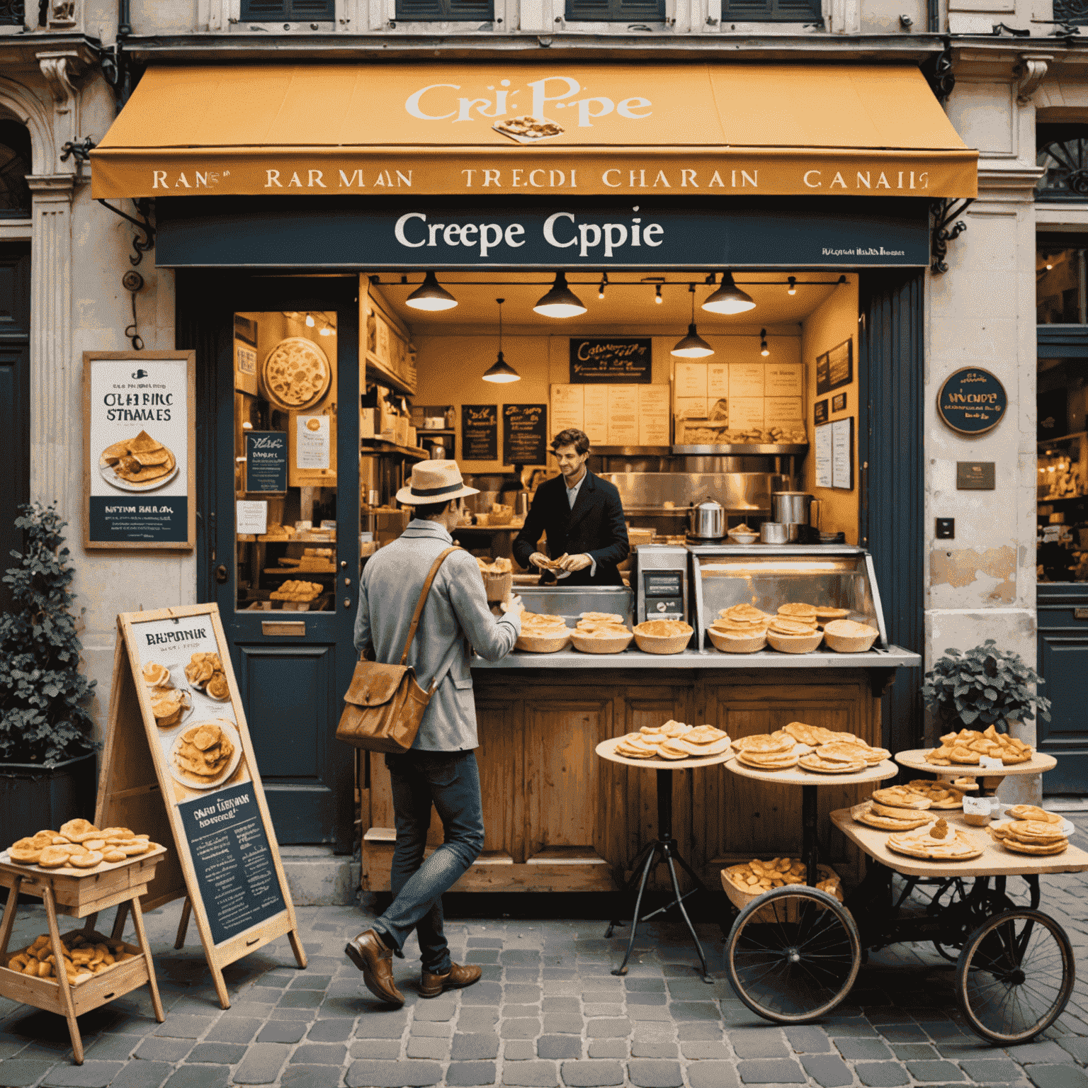 Image montrant diverses stratégies de marketing digital et traditionnel adaptées au marché français des crêpes, incluant des affiches publicitaires et des campagnes sur les réseaux sociaux