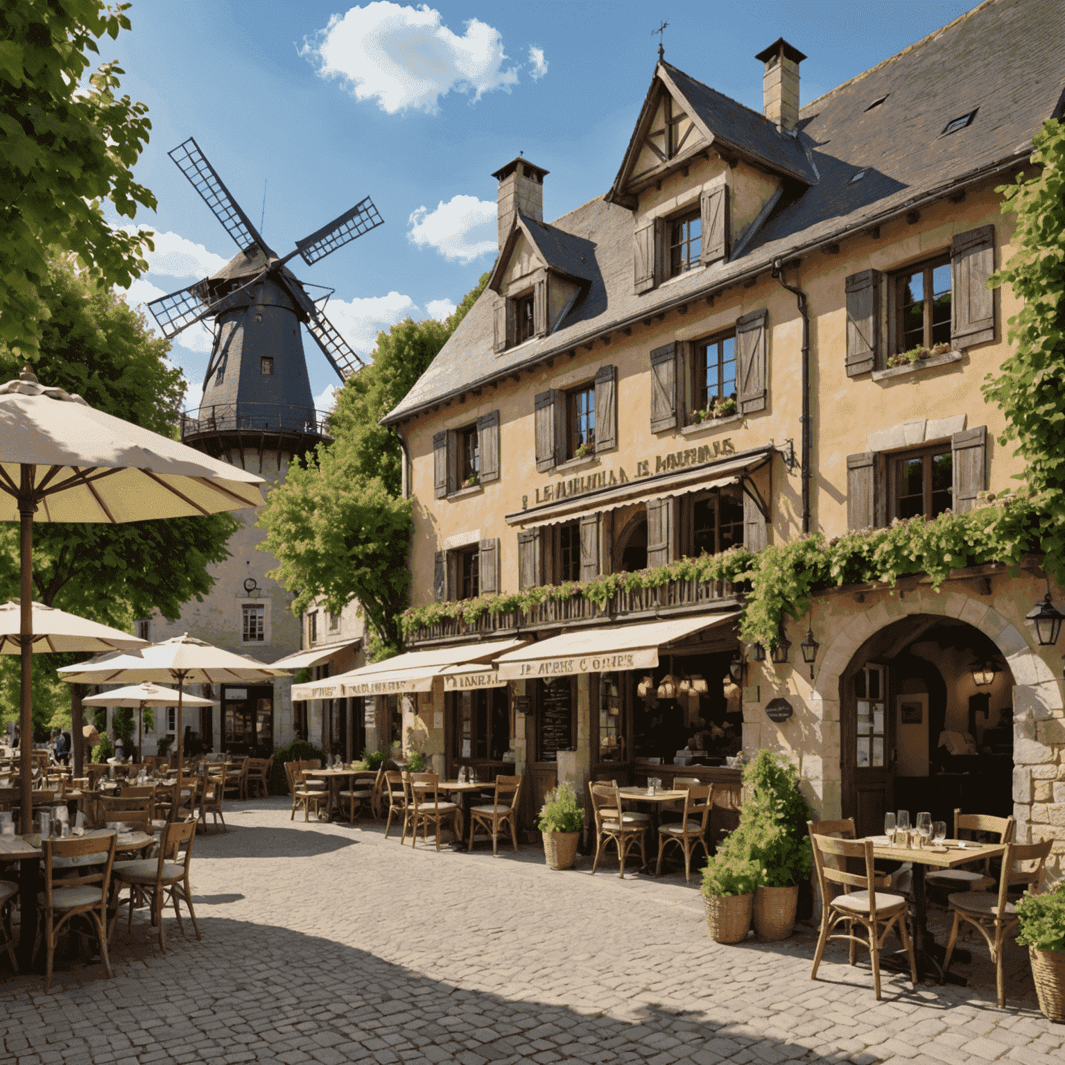 La façade pittoresque d'un restaurant Le Moulin à Crêpes, avec son moulin décoratif et sa terrasse accueillante